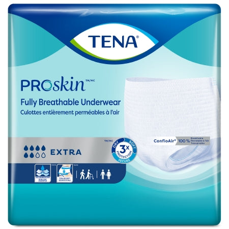 The packaging for McKesson's TENA® ProSkin™ Unisex Adult Absorbent Underwear showcases the extra protective pull-on with tear-away seams. The blue and white pack highlights moderate absorbency, triple protection, and comfort features, with text in English and French.