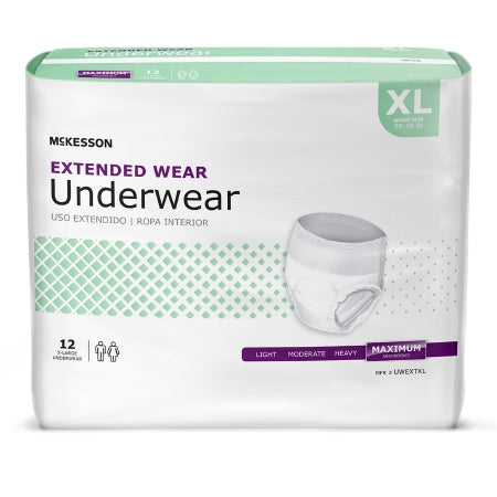 Package of McKesson Unisex Adult Absorbent Underwear, X-Large, with images highlighting "heavy" absorbency for incontinence. The package includes 12 disposable units with tear-away seams.