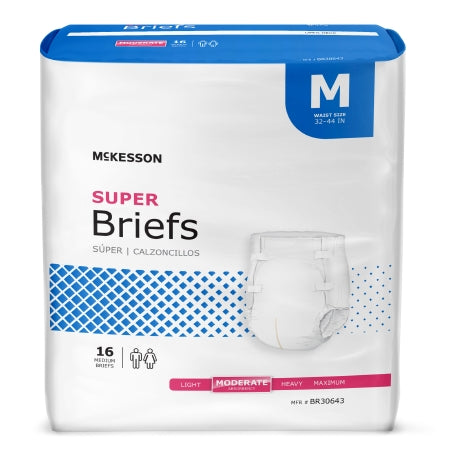 Pack of 16 McKesson Unisex Adult Incontinence Medium Briefs, suitable for waist sizes 32-44 inches. These disposable briefs offer moderate absorbency and come in packaging with blue and pink elements.