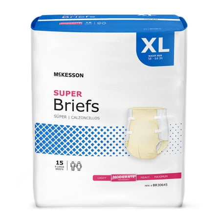 The McKesson Unisex Adult Incontinence Briefs in size X-Large are designed for adults with a waist measurement of 59"-64". Each pack provides moderate absorbency and includes 15 disposable briefs.