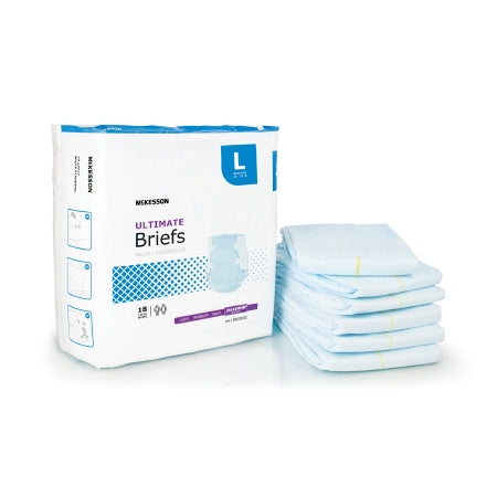 A package of McKesson Unisex Adult Incontinence Briefs is placed beside a stack of folded briefs. The packaging highlights "McKesson" and "Large" size for heavy absorbency. These disposable briefs are light blue with a yellow stripe.