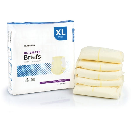 Package of McKesson's Unisex Adult Incontinence Briefs in X-Large, featuring heavy absorbency, with product details on the pack and four folded disposable briefs beside it.