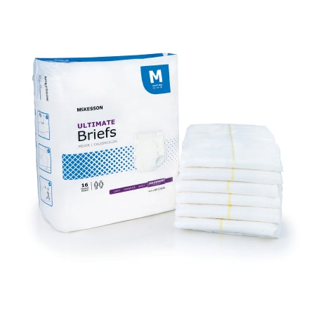 A package of McKesson Unisex Adult Incontinence Briefs, medium size with heavy absorbency and a center yellow stripe, is shown alongside a stack of unfolded briefs. The package contains 16 disposable briefs.