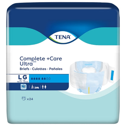 The McKesson Unisex Adult Incontinence Brief TENA® Complete + Care Ultra™, size large for hip sizes 102-163 cm, offers moderate absorbency. The packaging includes the product image, branding, and icons emphasizing reusable tabs and suitability for adult use. Each package contains 24 briefs.