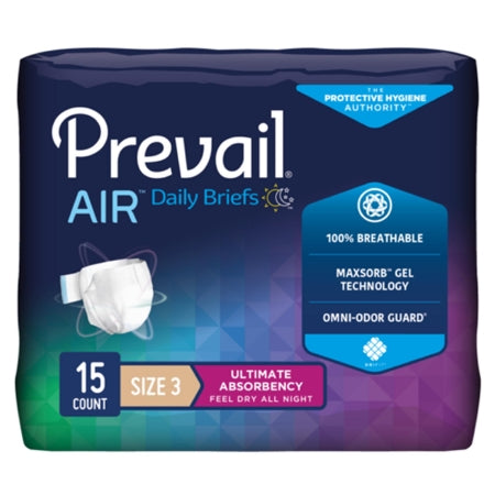 The Unisex Adult Incontinence Brief Prevail® Air™ by McKesson, size 3, provides heavy absorbency with 15 per pack. It features 100% breathable material, Maxsorb gel technology, and Omni-Odor Guard in a sleek design with dark tones and green, blue, and purple gradients.