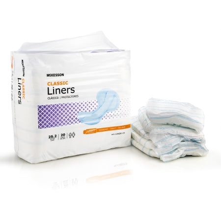 A package of McKesson Classic Incontinence Liners is shown beside a stack of unwrapped liners. The packaging indicates 20 unisex liners with light absorbency, featuring an ultra-absorbent polymer core for personal protection.