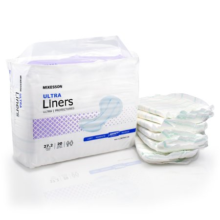 A pack of McKesson Ultra Incontinence Liners, designed for heavy absorbency with a polymer core, is beside a stack. The white package with blue text contains 20 one-size-fits-most liners, ideal for daily use.