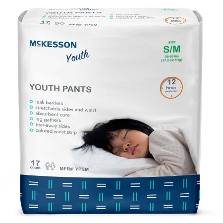 The McKesson Unisex Youth Absorbent Underwear, size S/M, features a sleeping child image, leak barriers, stretchable sides, heavy absorbency core, leg gathers, tear-away seams, and a colored waist strip. This disposable pack contains 17 pants.