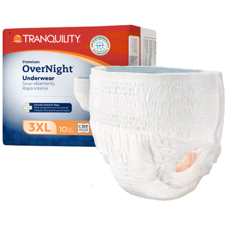 The Tranquility Principle Business offers Unisex Tranquility Premium OverNight Disposable Absorbent Underwear in size 3XL. The box, featuring the Peach Core for superior incontinence protection and an image of the product, highlights that it contains 10 pieces and provides extended protection.