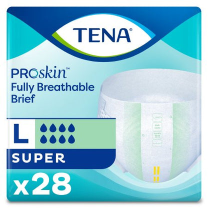 The packaging of McKesson's TENA ProSkin™ Fully Breathable Unisex Adult Incontinence Briefs, size L, features a super absorbent design perfect for managing incontinence. The pack prominently showcases green and blue tones and contains 28 briefs.