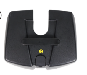 The 3 Wheel Mobility Scooter Battery Pack (Pair) from Vive Health is designed for easy fitment and extends your scooter's driving range. This black, rectangular plastic battery pack features a U-shaped cutout at the top, a horizontal bar in the middle, and a small yellow circular symbol just below the bar. Additionally, it has a small protruding part at the bottom center of the device.