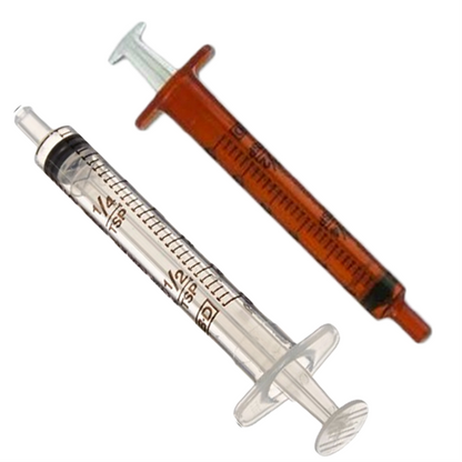 The image shows two Becton Dickinson oral syringes against a white backdrop. The top syringe has a dark red-brown body, while the bottom one is clear. Both have measurement markings for liquid dosage and plastic plungers, reflecting Becton Dickinson's precision in their Oral Syringes - Clear product line.