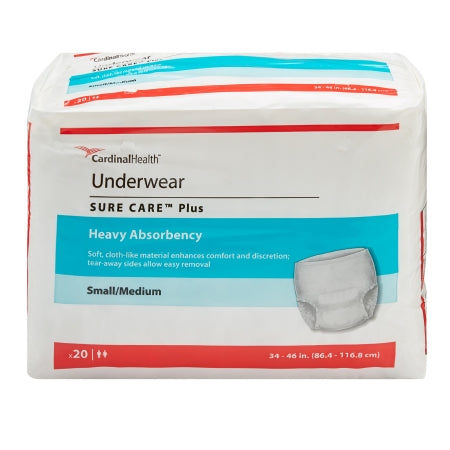 Package of McKesson Sure Care™ Plus Disposable Unisex Adult Absorbent Underwear, heavy absorbency, small/medium size, featuring a teal and red design. The package displays an image of the underwear and indicates it contains 20 pieces.