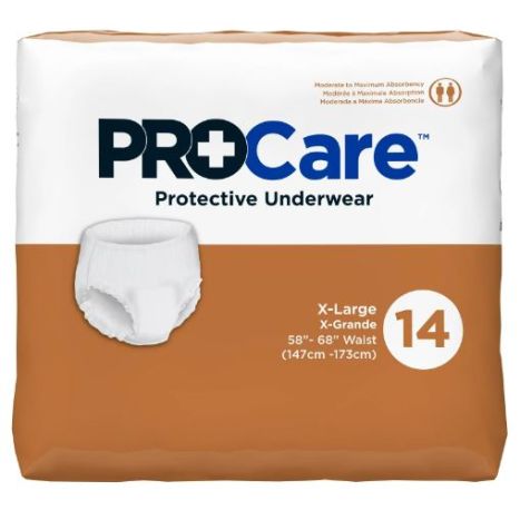 The McKesson ProCare™ Unisex Adult Absorbent Underwear in size X-Large (waist 58"-68", 147cm-173cm) offers super absorbency and breathable zones. The pack, containing 14 pieces, features a brown and white design with an image of the underwear.