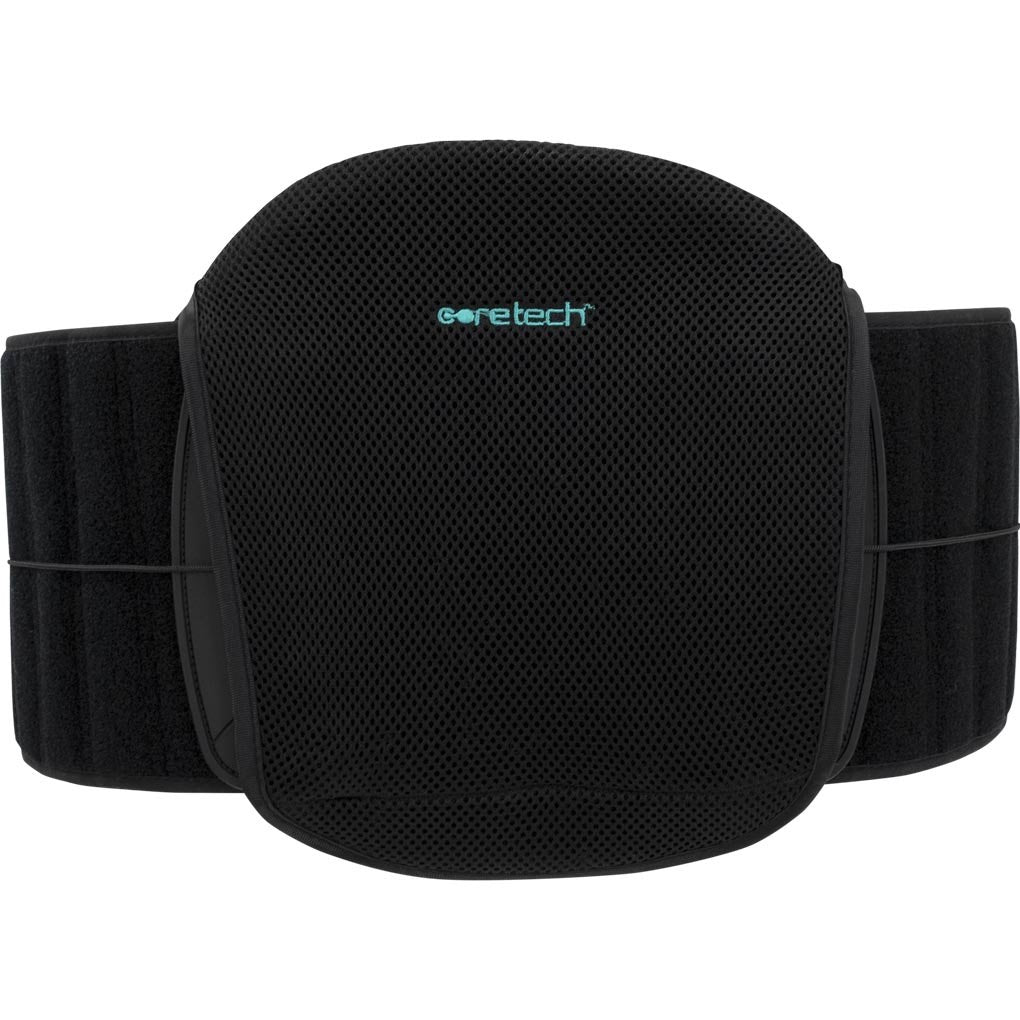 Introducing the 627 LSO Pro Coretech by Vive Health, a black orthopedic lumbar brace made with mesh-like material for enhanced breathability. The phrase "Coretech™" is elegantly displayed in turquoise on the front panel. This brace includes adjustable straps and a compression pulley system, allowing for customizable lumbar support around the waist.