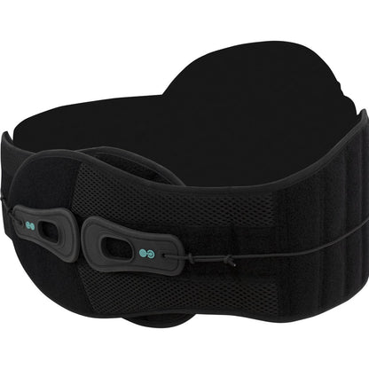 The Vive Health 627 LSO Pro Coretech is a black lumbar support belt featuring adjustable straps and mesh panels. It includes two front fastening mechanisms for a secure fit and a compression pulley system to enhance trunk stability, providing superior back support.