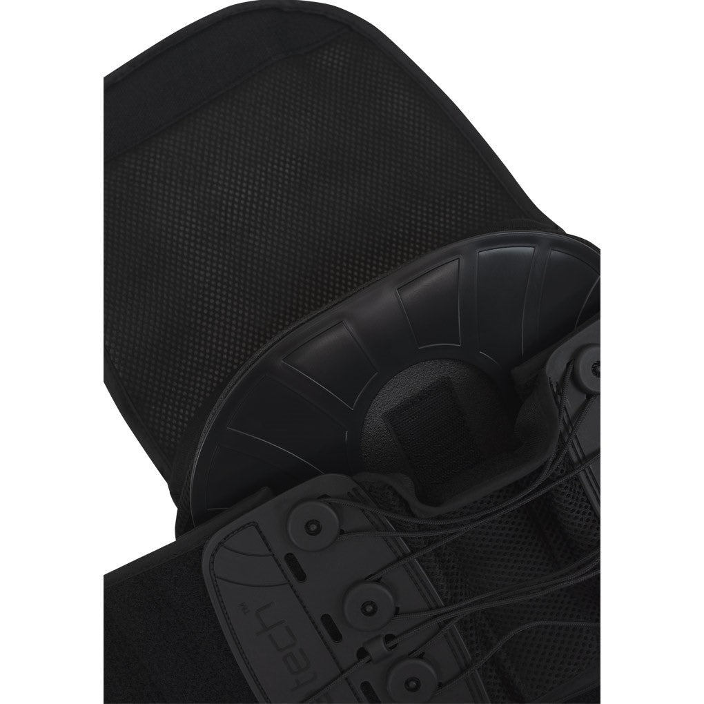 The image showcases a close-up of the 627 LSO Pro Coretech black lumbar brace by Vive Health, featuring adjustable straps, a molded support panel, and an advanced compression pulley system. The brace is crafted from durable materials and boasts an ergonomic design to enhance trunk stability and comfort.