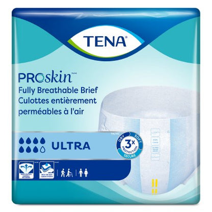 The packaging of McKesson's Unisex Adult Incontinence Brief TENA ProSkin™ Ultra showcases an image of the brief and features the Instadri Skin-Caring System. It highlights "Fully Breathable Brief" with blue/turquoise design, high absorbency, secure fit icons, and bilingual text in English and French.