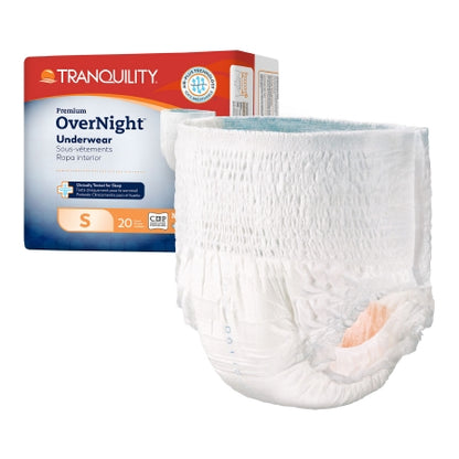 The vibrant packaging of the Unisex Tranquility Premium OverNight Disposable Absorbent Underwear from Tranquility Principle Business highlights its trusted brand and Peach Core for superior incontinence protection, with a prominently displayed piece showcasing the premium design.