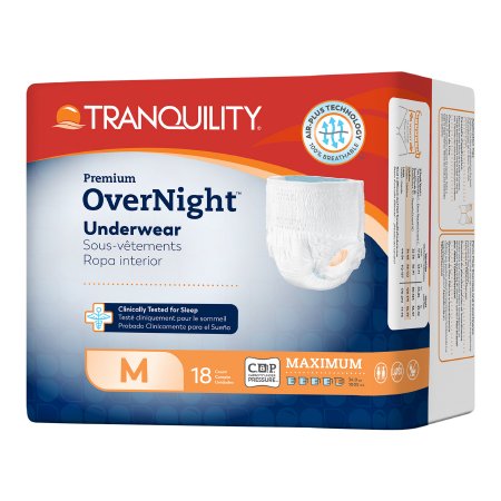 The Unisex Tranquility Premium Overnight Disposable Absorbent Underwear by Tranquility Principle Business offers superior incontinence protection with Peach Core technology, featuring 18 medium-sized pieces for overnight use, maximum absorbency, and breathable comfort in a vibrant orange, white, and blue package.