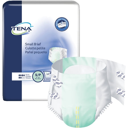 The package and product of McKesson's Unisex Adult Incontinence Brief TENA® Small are shown. The blue and white pack displays the brand logo with English and Spanish descriptions, while the front highlights the disposable brief's design and moderate absorbency features.