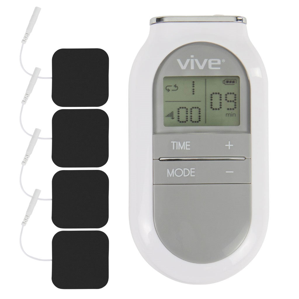 A white and gray Vive Health 6 Mode TENS Unit features a digital screen displaying numbers and icons, labeled "TIME" and "MODE." To the left of the device are four black electrode pads connected by white wires, offering customizable treatment settings for pain relief.