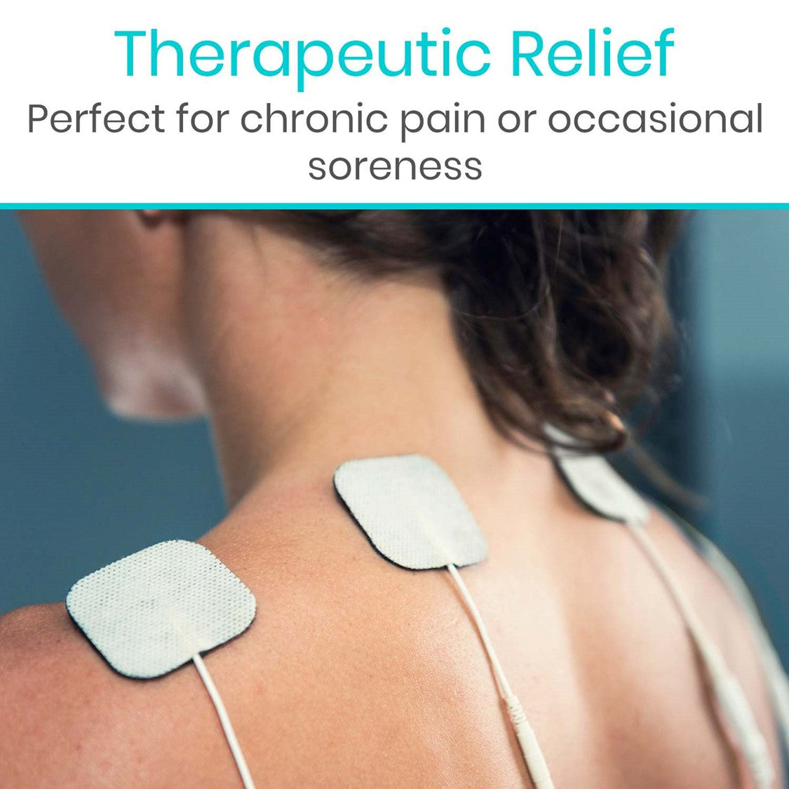 A woman with adhesive electrode pads on her upper back and neck area. The text above the image reads, "Therapeutic Relief" and below it says, "Perfect for chronic pain or occasional soreness." Experience optimal pain relief with the Vive Health 6 Mode TENS Unit featuring customizable treatment settings.