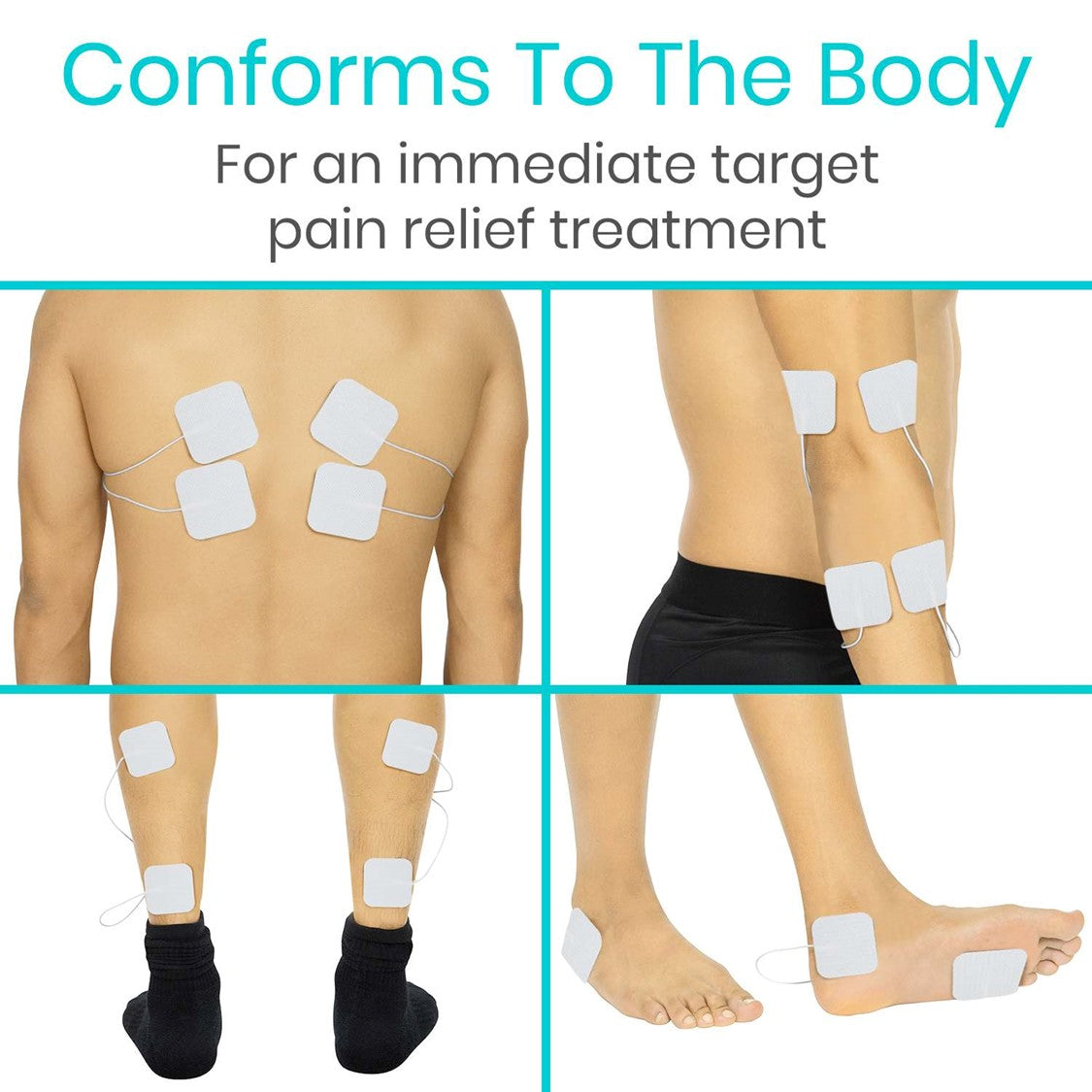 A composite image demonstrating the application of pain relief electrodes on various body parts. The electrodes, part of the 6 Mode TENS Unit by Vive Health, are shown on a person's back, legs, and feet. The text above reads, "Conforms to the body for an immediate target pain relief treatment.