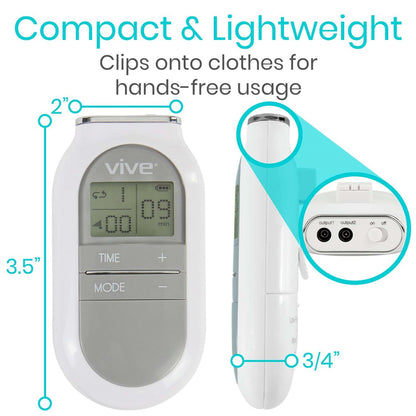 An image of a compact and lightweight electronic device that clips onto clothes for hands-free usage. Measuring 3.5 inches in height, 2 inches in width, and 3/4 inch in depth, this Vive Health 6 Mode TENS Unit has buttons labeled "Time" and "Mode," customizable treatment settings, and features input and output ports.