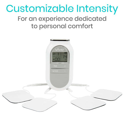 Image of a Vive Health 6 Mode TENS Unit displaying customizable treatment settings on its digital screen. Four electrode pads connect to the device by wires. Text above reads, "Customizable Intensity for an experience dedicated to pain relief and personal comfort.