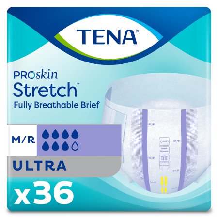 Packaging for McKesson's TENA ProSkin Stretch™ Ultra unisex adult incontinence briefs, size M/R: "Ultra" heavy absorbency highlighted with liquid protection icons. Contains 36 briefs. Design includes shades of blue and green with a brief illustration.