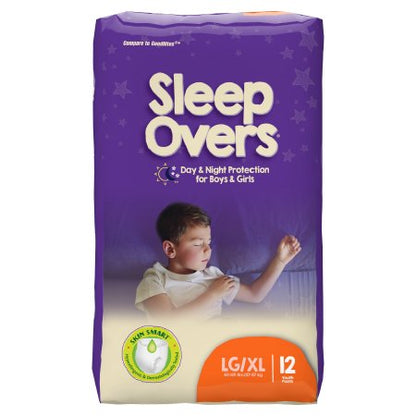 A 12-pack of McKesson's Cuties® Unisex Youth Absorbent Underwear features a purple design with a sleeping child, emphasizing nighttime incontinence protection for boys and girls, labeled LG/XL.