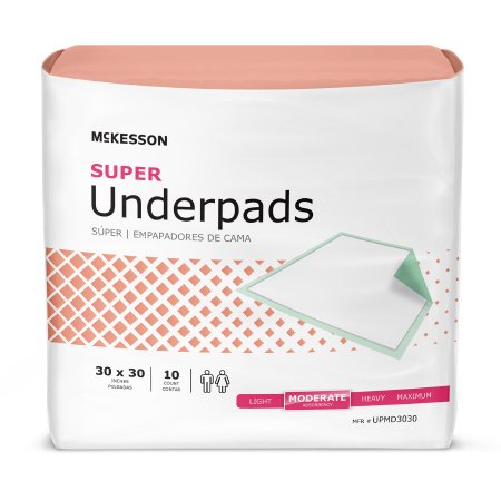 The McKesson Super Disposable Underpads package features a grid design along with an image of the underpads. The pack, labeled for moderate absorbency with fluff/polymer technology, contains 10 underpads measuring 30 x 30 inches. The text is available in both English and Spanish and emphasizes the use of super absorbent polymer technology.