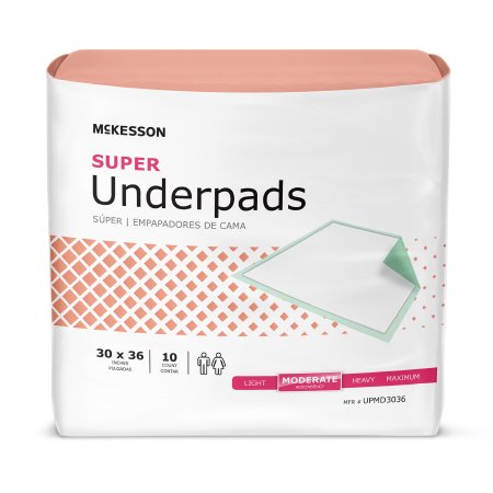 A package of McKesson Disposable Underpads sports a sleek design in white and orange. It highlights key features such as "Moderate Absorbency," dimensions of "30x36 inches," and contains "10 count" per pack for your convenience.