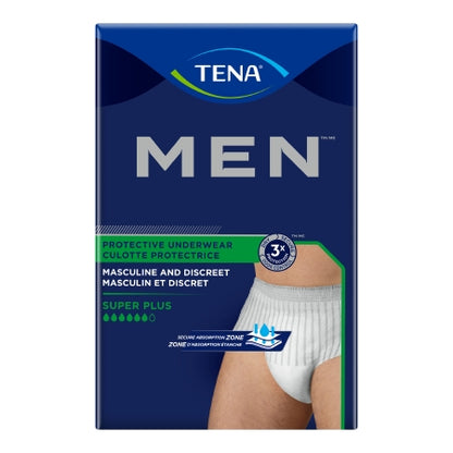 The blue package of McKesson's Male Adult Absorbent Underwear, TENA® MEN™ Super Plus, is crafted for men's incontinence care with superior absorbency. It features product imagery and bilingual English-French text highlighting its masculine, discreet design.