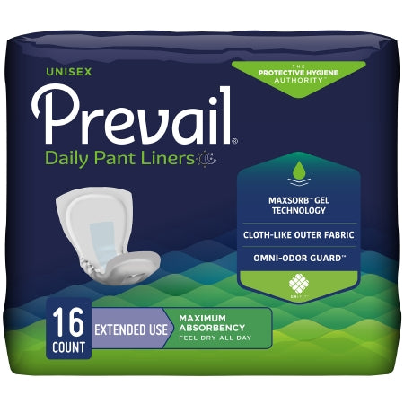 McKesson's Prevail® Daily Pant Liners offer heavy absorbency with a polymer core and cloth-like fabric, featuring Maxsorb Gel Technology and Omni-Odor Guard. Designed for extended unisex use, these liners measure 28 inches and have an elegant dark blue and green design.