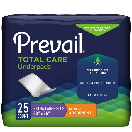 The McKesson Prevail® Total Care™ 30 X 36 Inch Disposable Underpad pack contains 25 extra-large plus pads. Featuring heavy absorbency with MaxSorb Gel Technology and a moisture-proof barrier, these super absorbent pads offer extra strength for total care protection.