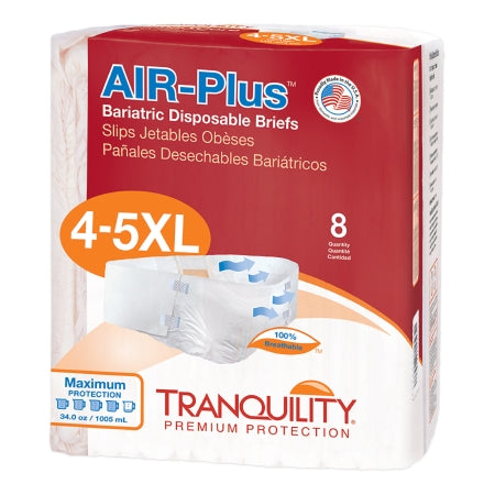 Package of McKesson Tranquility® AIR-Plus™ Bariatric 4 to 5X-Large Unisex Adult Incontinence Briefs contains eight heavy absorbency, disposable briefs with maximum protection details, a wetness indicator, and breathable sides for comfort.