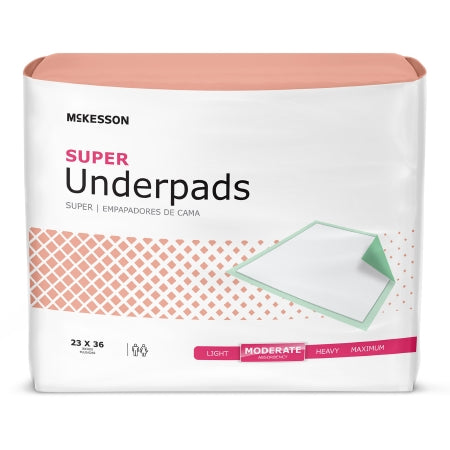 The McKesson Disposable Underpad, size 23x36 inches, features a pink and white design with diamond pattern accents. It displays a graphic of the pad marked as moderate absorbency, highlighting the convenience of this essential product.