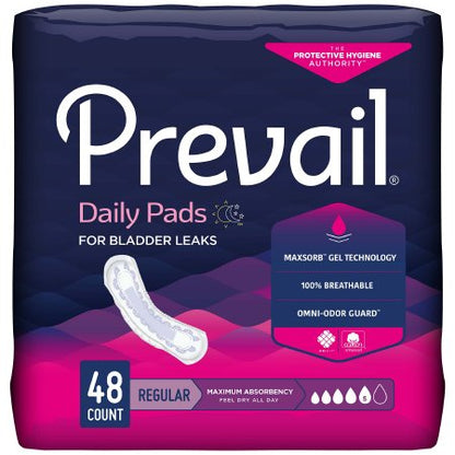 The McKesson Bladder Control Pad Prevail® Daily Pads 11 Inch package offers 48 regular, maximum absorbency pads for bladder leaks with MaxSorb Gel and Omni-Odor Guard technology. The design features blue and pink colors.