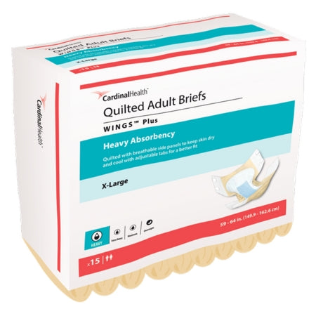 The packaging of McKesson's Unisex Adult Incontinence Brief Wings™ X-Large Disposable highlights "Heavy Absorbency." An image shows a stack of incontinence briefs in a sealed package, emphasizing comfort and fit.