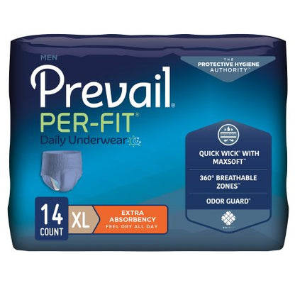 McKesson's Prevail® Per-Fit® Men's Protective Underwear offers extra-large, extra-absorbent adult diapers with Quick Wick with MaxSoft, 360° breathable zones, and Odor Guard. The pack contains 14 pieces for superior comfort.