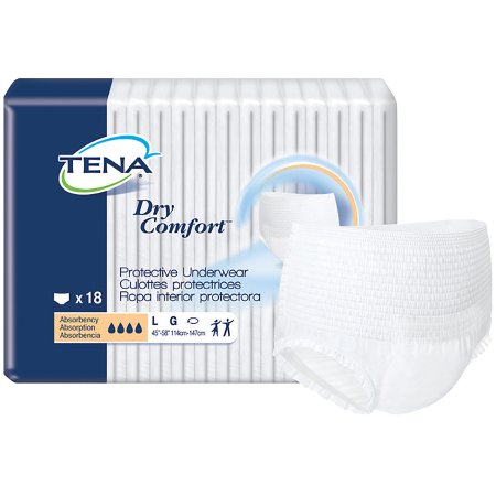 The McKesson TENA® Dry Comfort™ Unisex Adult Absorbent Underwear, size L/G, features clear packaging with 18 units for waist sizes 45"-58" (114cm-147cm). It offers moderate absorbency and includes English, French, and Spanish text.