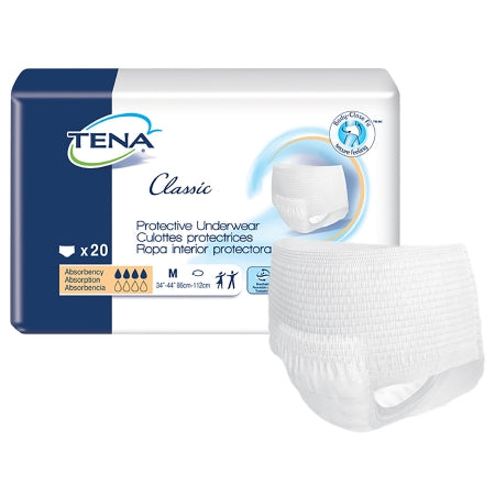 The TENA® Classic Pull On Unisex Adult Absorbent Underwear by McKesson features a pack of 20 with moderate absorbency, suitable for waist sizes 34"-44" (86cm-112cm). The image shows both the packaging and a single piece of white protective underwear.