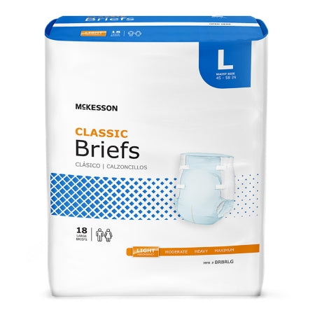 A pack of 18 unisex McKesson Classic Large Disposable Adult Incontinence Briefs, designed for waist sizes 45-58 inches in blue and white, showcases multiple absorbency options: light, moderate, heavy, and maximum for effective incontinence management.