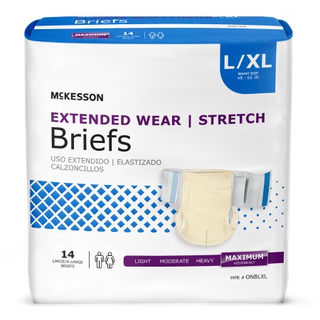 The McKesson Extended Wear Unisex Adult Incontinence Briefs in L/XL feature a blue and purple package design indicating heavy absorbency, with usage and fit icons, and contain 14 disposable briefs.