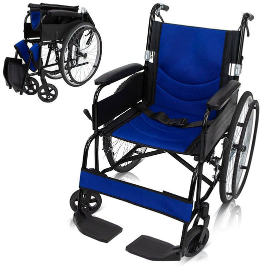 The Air Frame Wheelchair by Vive Health is a blue and black manual model with armrests, a cushioned seat and backrest, durable aluminum frame, and adjustable footrest. A smaller image in the top left shows the lightweight wheelchair folded compactly.