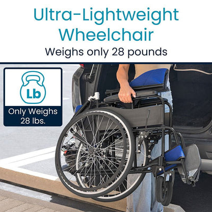 Someone lifts the ultra-light 28-pound Air Frame Wheelchair from a car trunk. The image features a weight icon and text. It has an adjustable footrest, a blue seat, and a durable black aluminum frame. Brought to you by Vive Health.