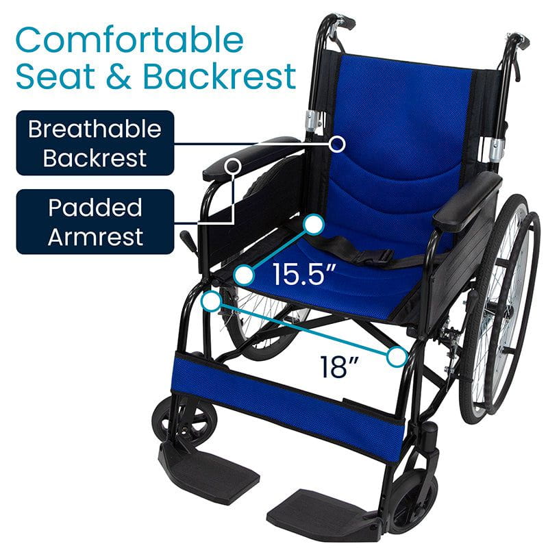 Image of the Vive Health Air Frame Wheelchair: features include a breathable backrest, padded armrest, 15.5-inch seat width, and 18-inch chair depth. Its durable aluminum frame and adjustable footrest offer a "Comfortable Seat & Backrest.