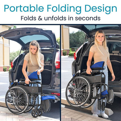 A woman demonstrates the Air Frame Wheelchair by Vive Health. On the left, she places it in a car trunk; on the right, she unfolds it effortlessly on the ground. Text reads: "Portable Folding Design - Durable aluminum frame folds & unfolds in seconds.